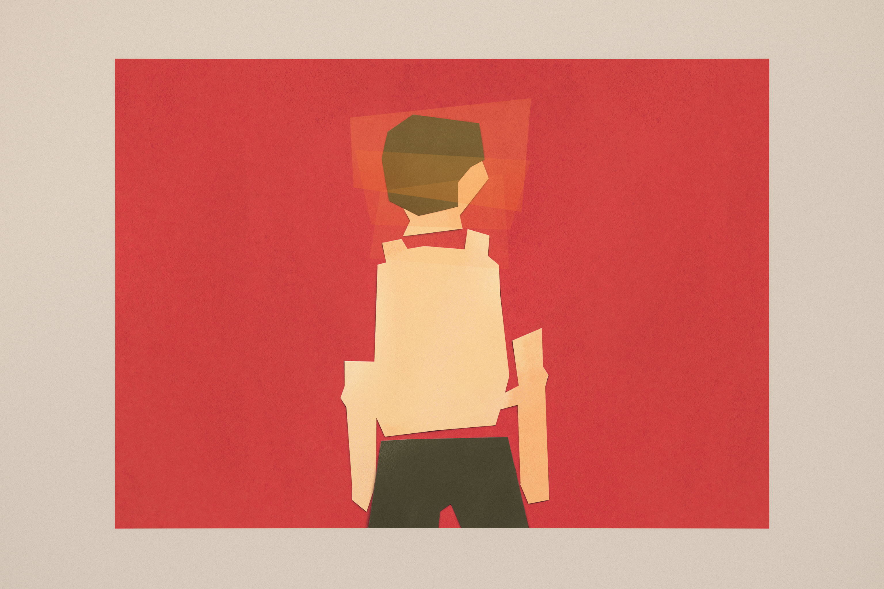 A paper cutting composition that appears to be a child carrying a backpack with clouded mind