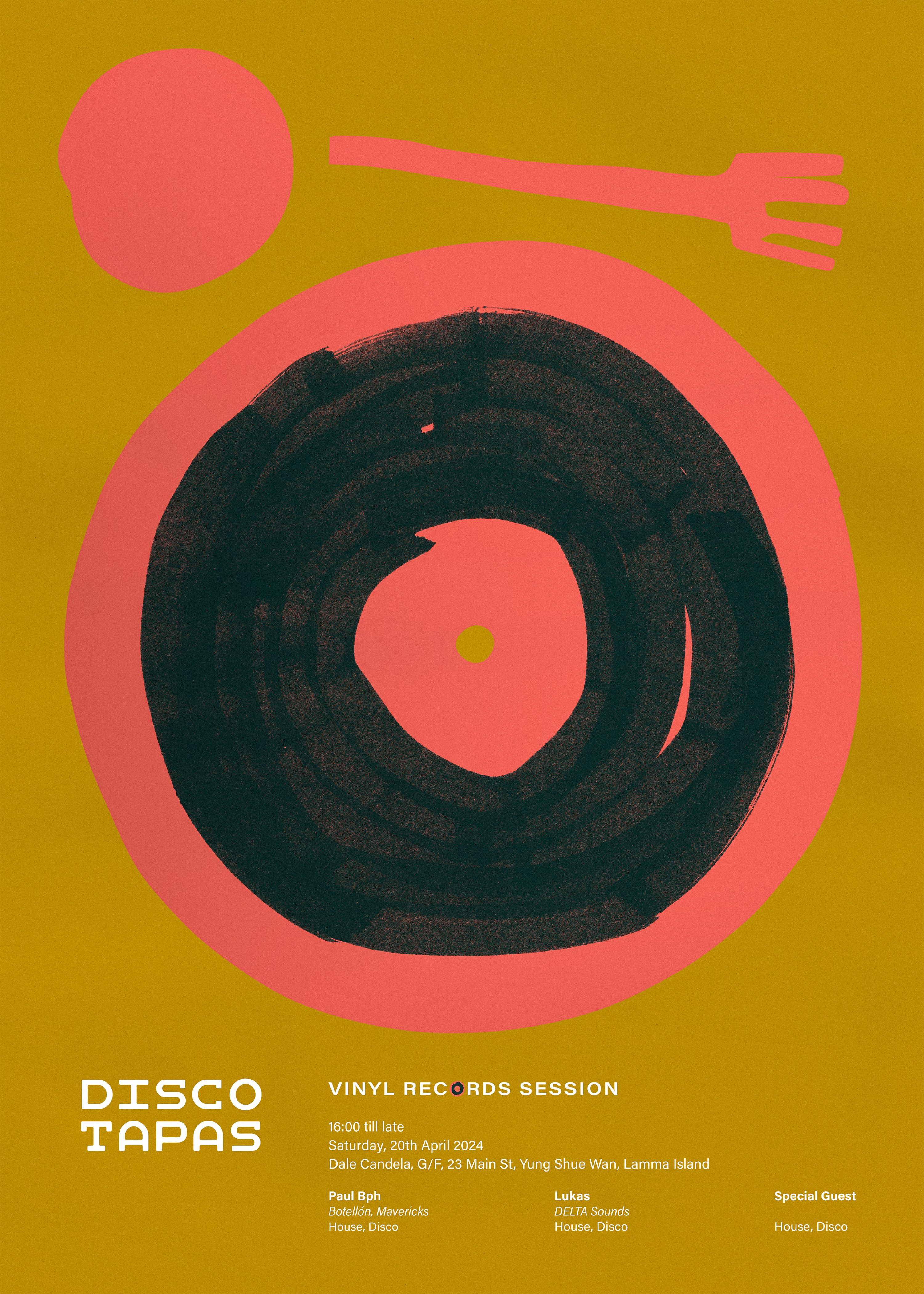 A poster for a music event named Disco Tapas, dated April 2023, on the poster there are event information like location, date, and performer’s names