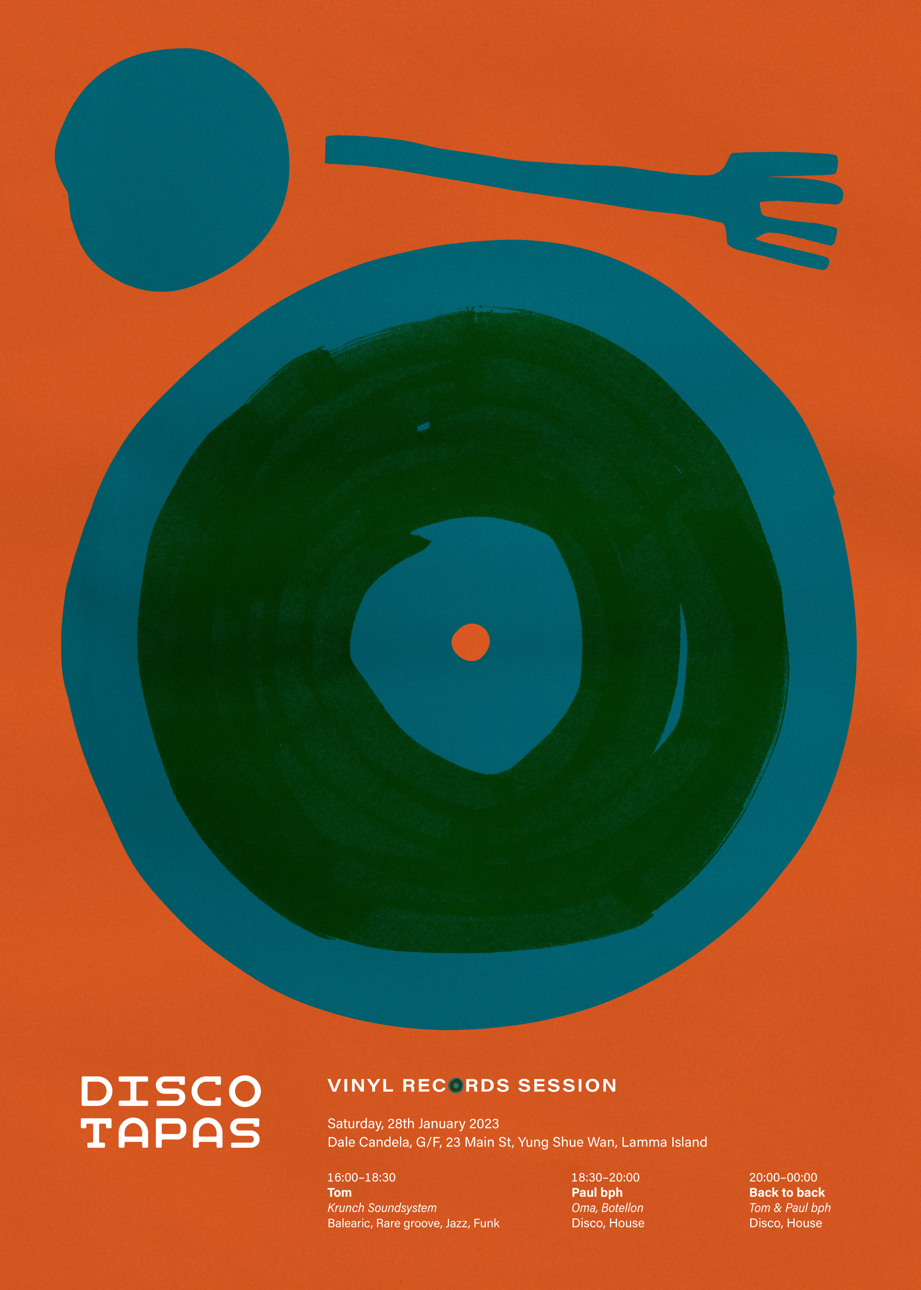 A poster for a music event named Disco Tapas, dated January 2023, on the poster there are event information like location, date, and performer’s names