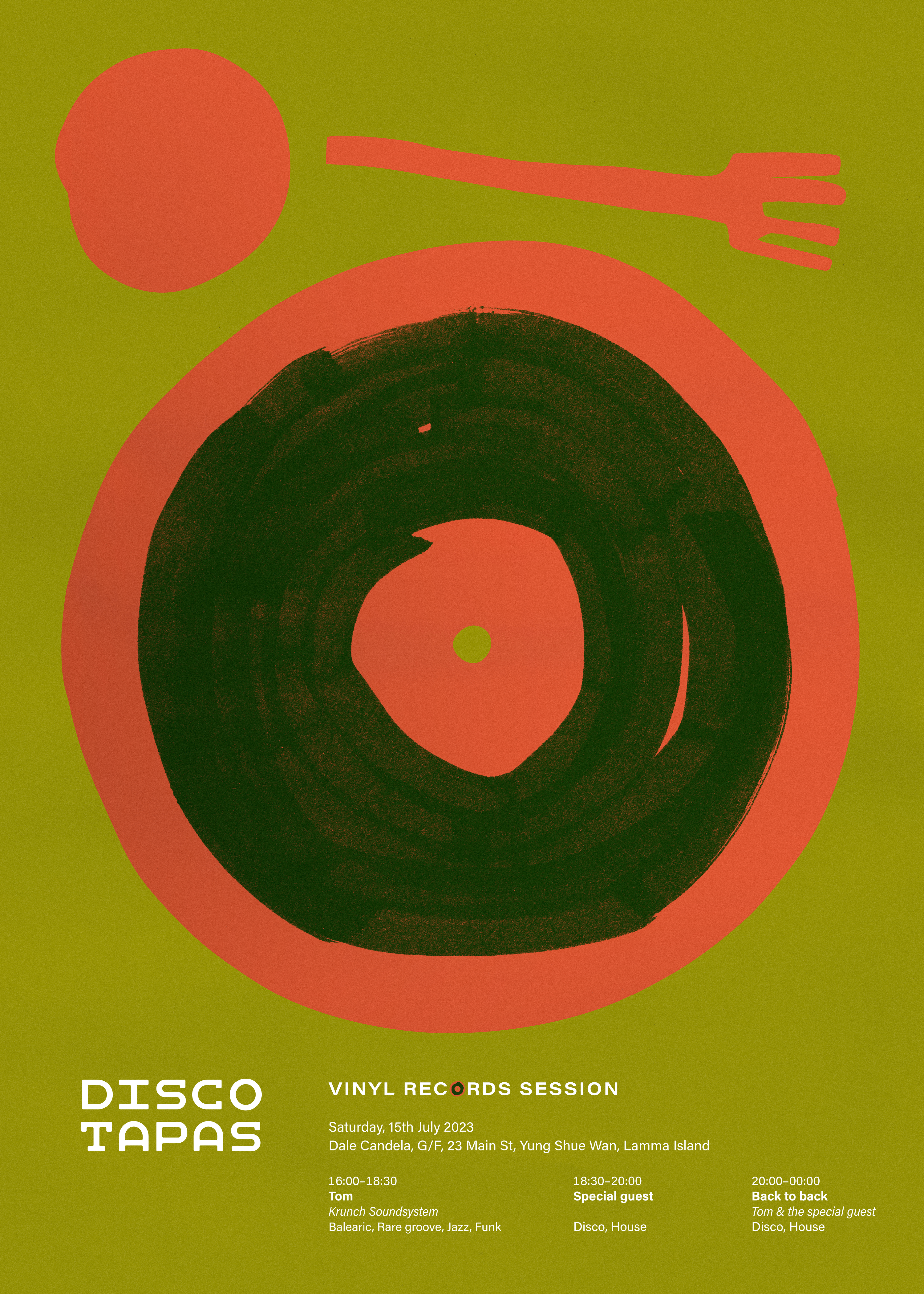 A poster for a music event named Disco Tapas, dated July 2023, on the poster there are event information like location, date, and performer’s names
