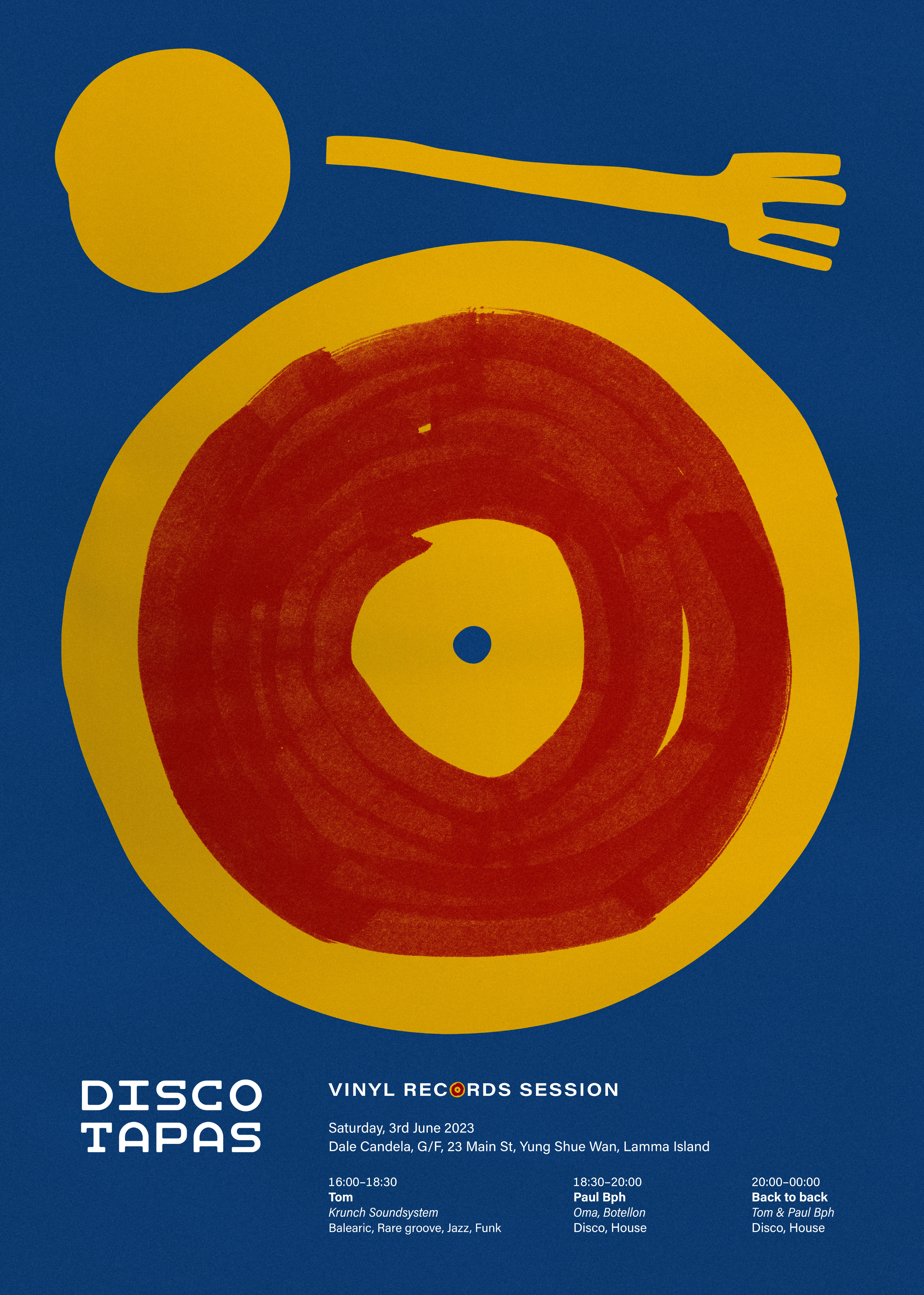 A poster for a music event named Disco Tapas, dated June 2023, on the poster there are event information like location, date, and performer’s names