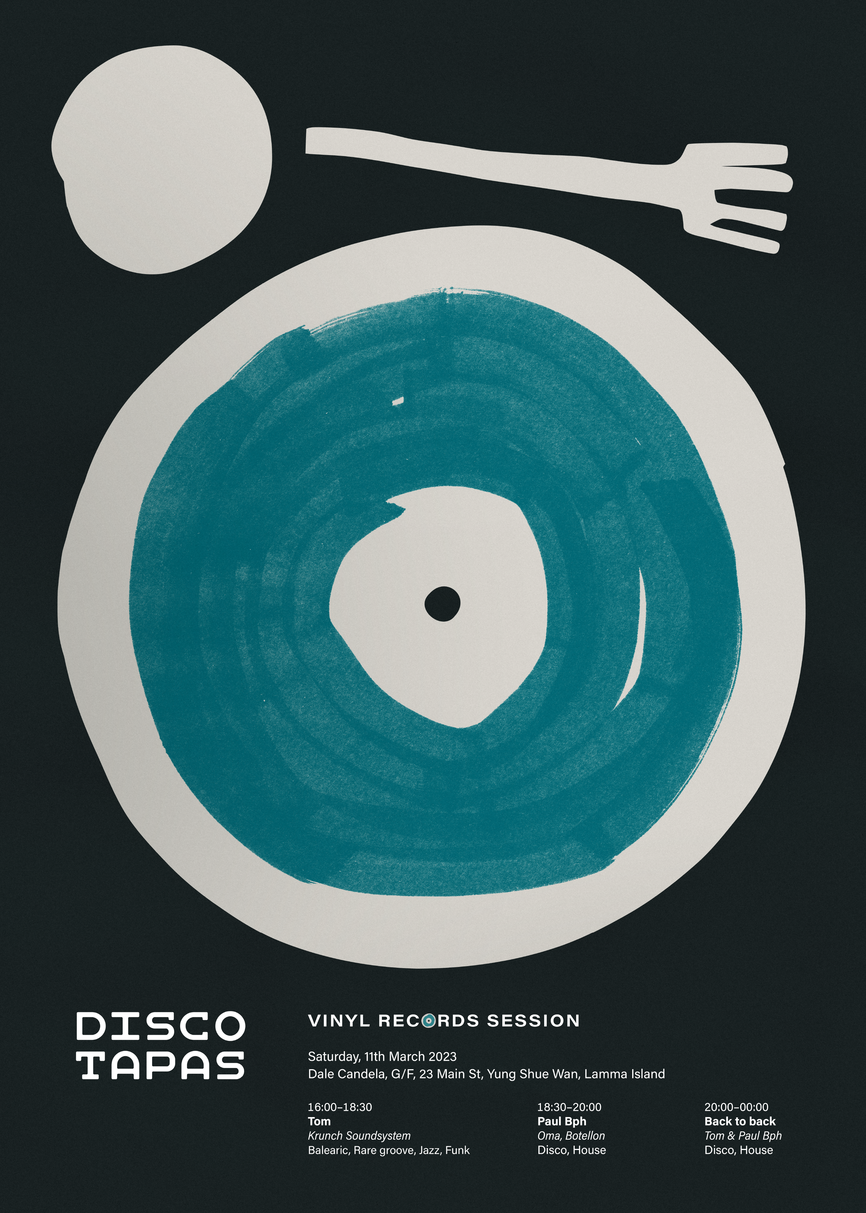 A poster for a music event named Disco Tapas, dated March 2023, on the poster there are event information like location, date, and performer’s names