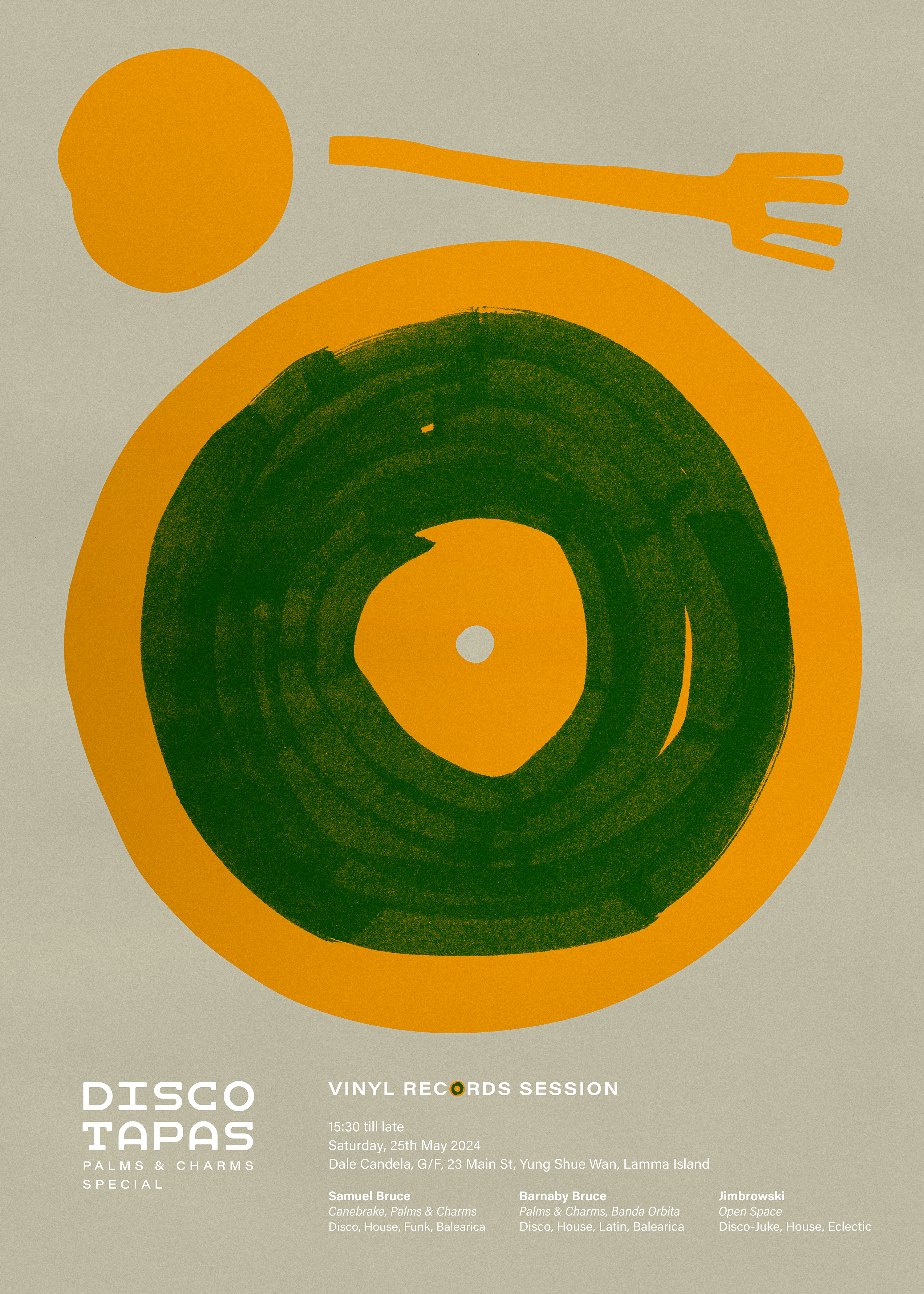 A poster for a music event named Disco Tapas, dated May 2023, on the poster there are event information like location, date, and performer’s names
