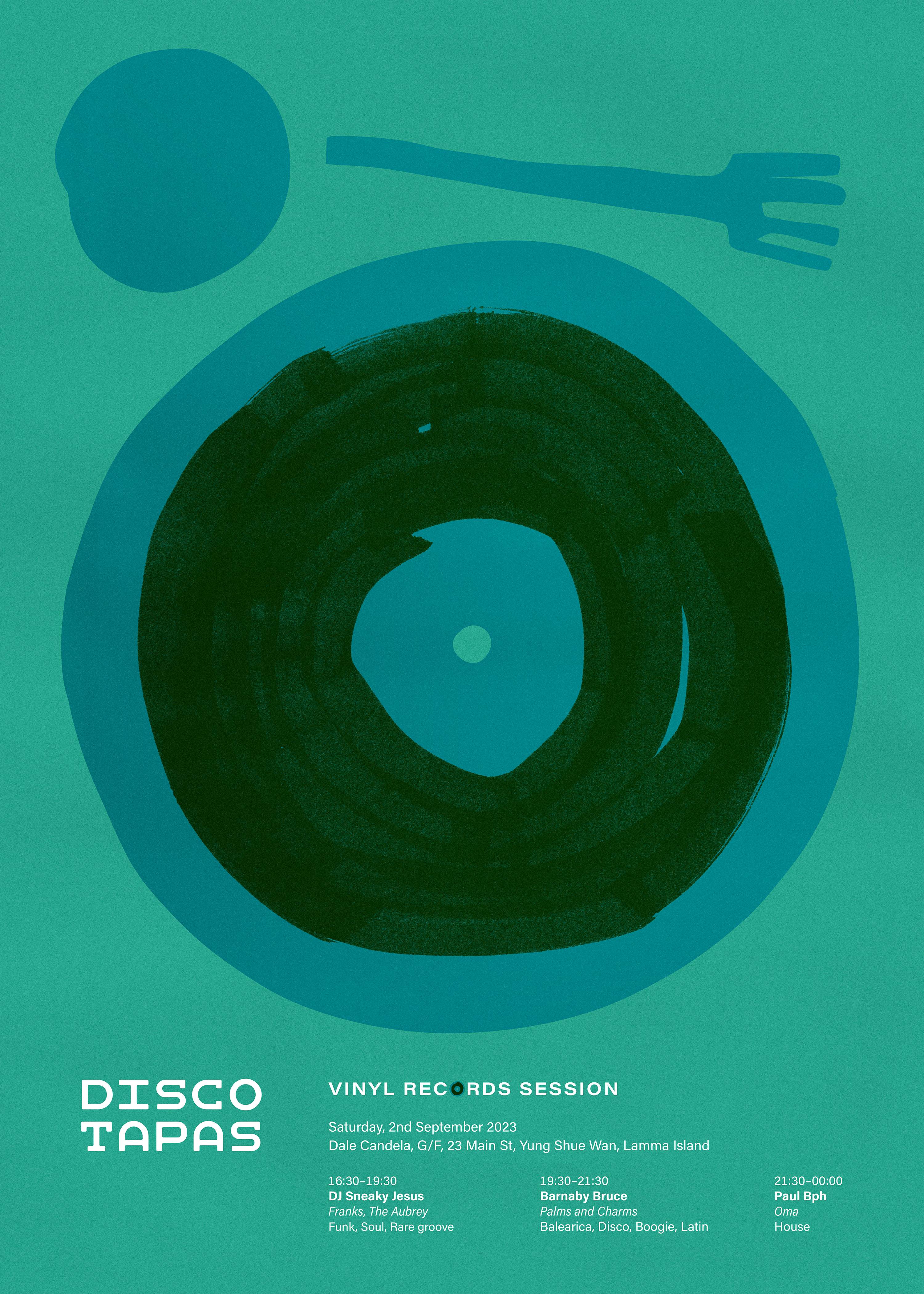 A poster for a music event named Disco Tapas, dated September 2023, on the poster there are event information like location, date, and performer’s names